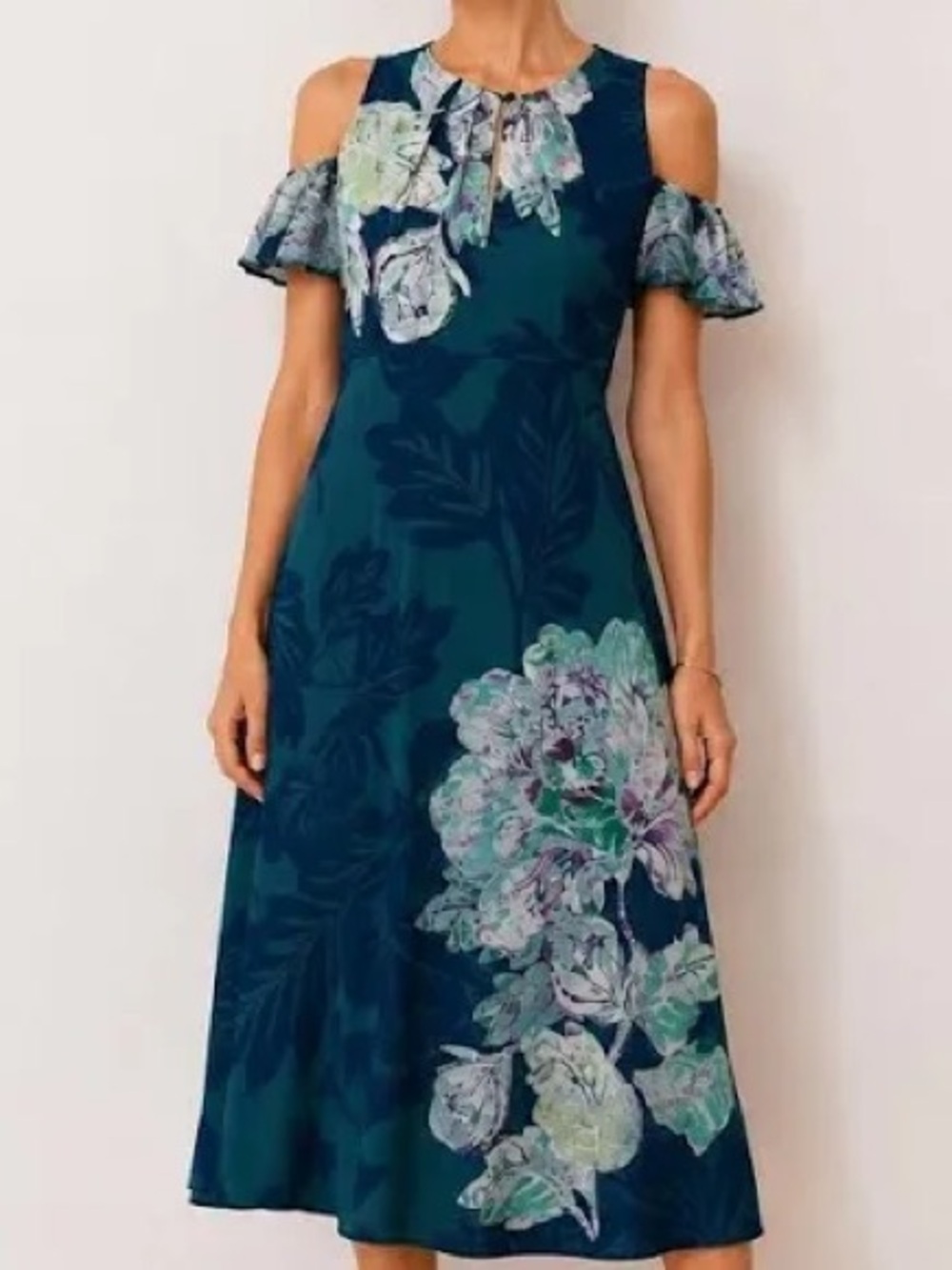 Anthropologie Maeve Size 2 Teal Floral Cold Shoulder Midi Dress